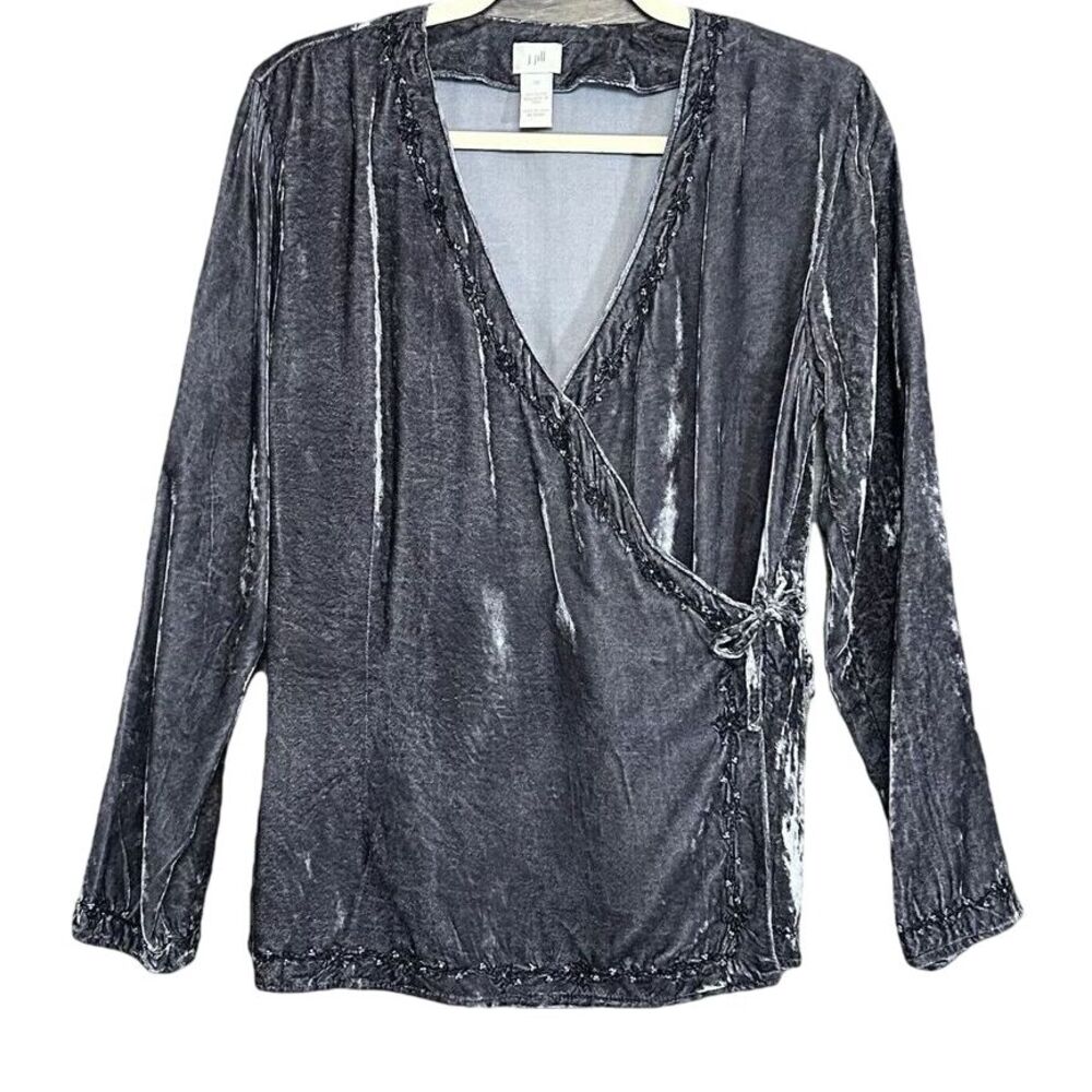 J.Jill Crushed Velvet Wrap Top Womens 10 Gray Beaded Long Sleeve Fairycore